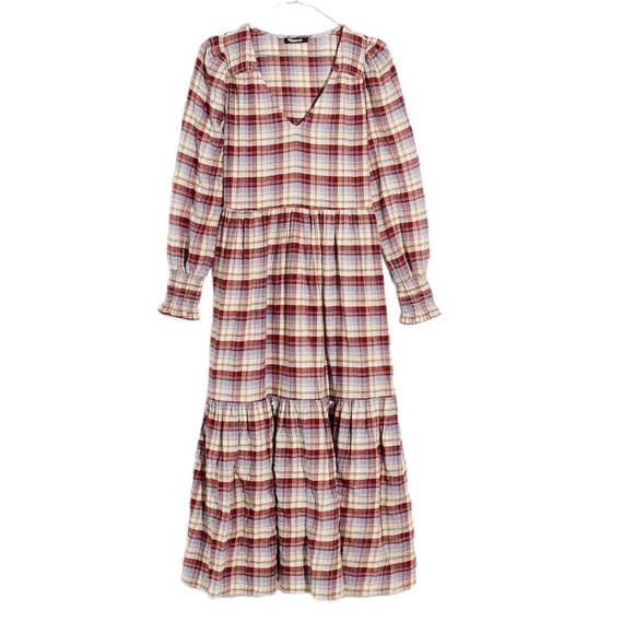 NWT Madewell Plaid Tiered Puff Sleeve Midi Dress in Dusk Peri Plaid - XXS XS - Picture 16 of 16